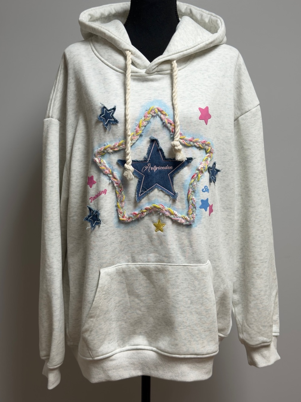 Aelfric Eden Grey Star Patchwork Hoodie Sweatshirt Y2K Streetwear Size Medium